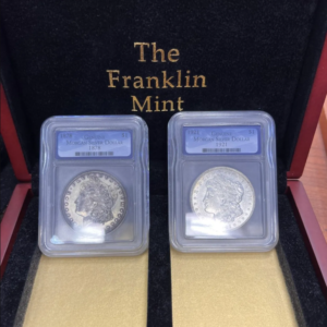 Franklin Mint Silver Morgan Dollar Set - Two authentic US silver coins featuring Lady Liberty and eagle designs, perfect for coin collectors.